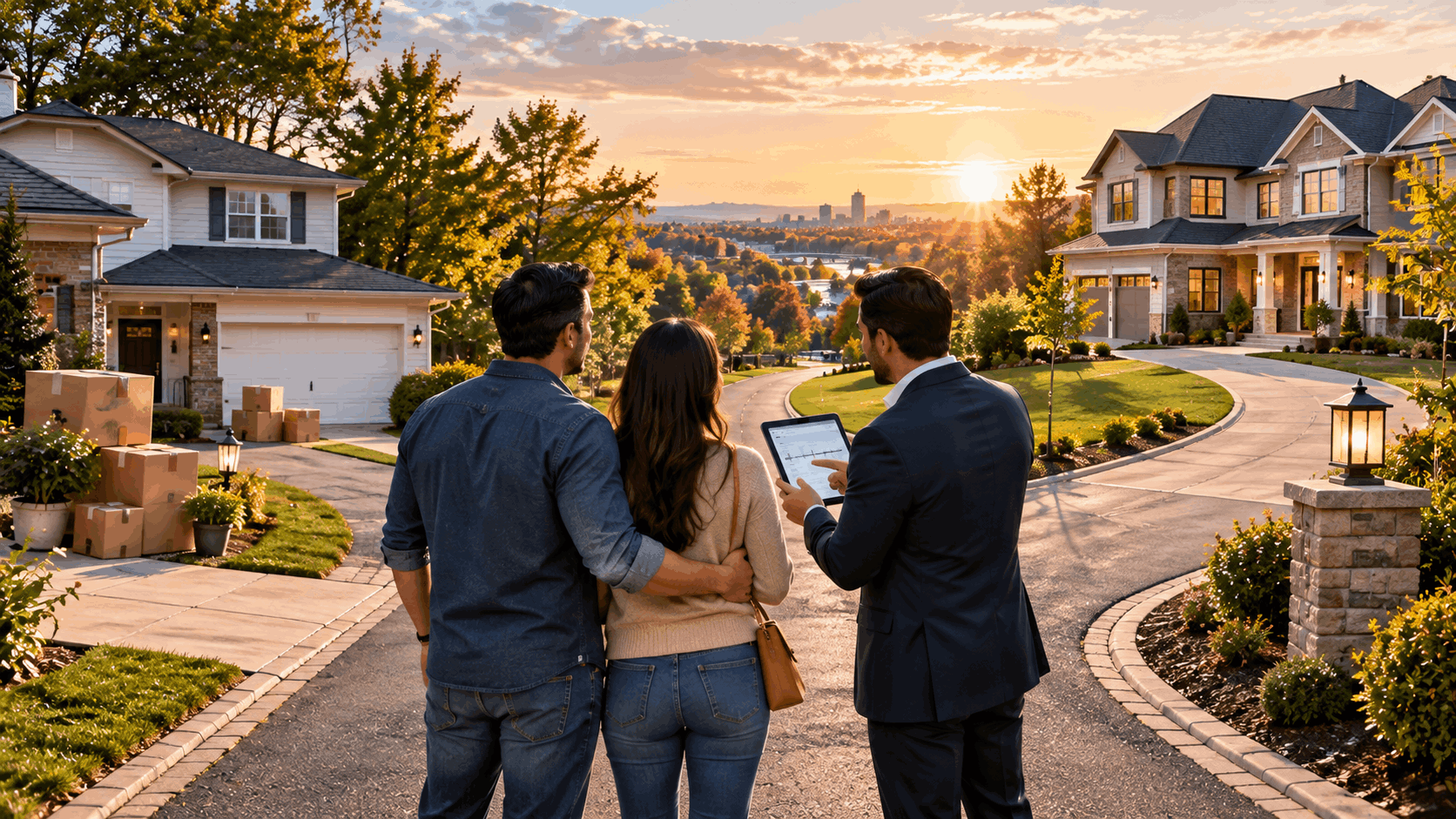 North Jersey couple reviewing a move-up home plan with a real estate professional while comparing their current home and a potential new property.