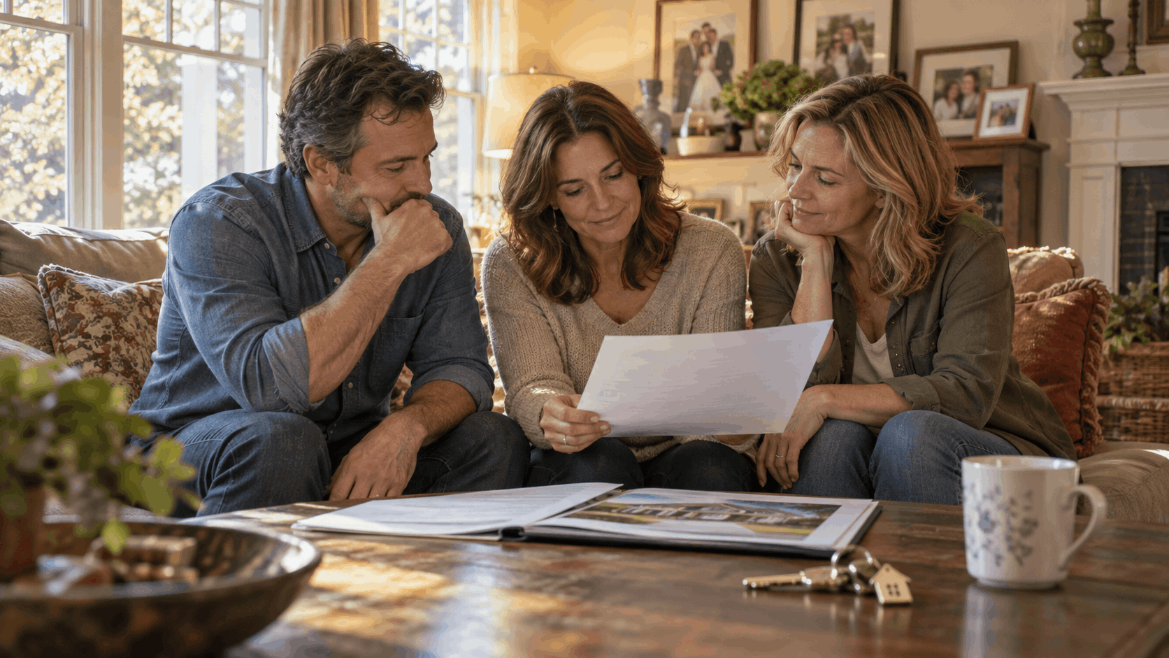 Three adult siblings reviewing a property valuation and discussing options for an inherited family home in New Jersey.