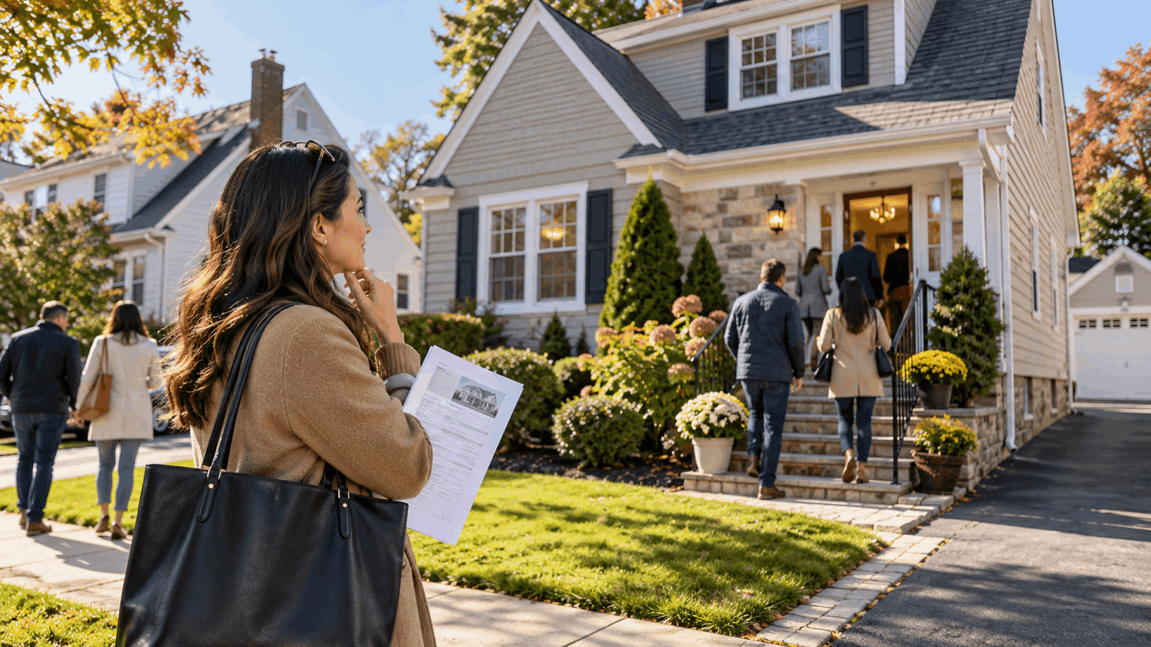 Thoughtful first-time homebuyer holding a mortgage worksheet outside a North Jersey starter home during an open house as other buyers arrive.