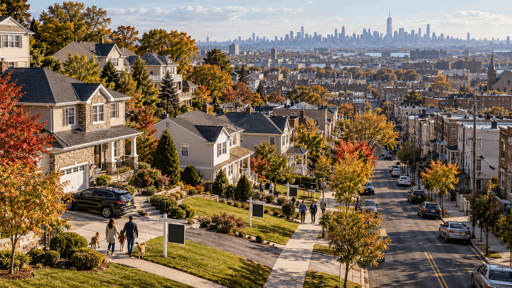 Aerial view of a North Jersey neighborhood transitioning from suburban Clifton-style homes to denser Paterson streets, with early fall foliage, for-sale homes, and the New York City skyline in the distance.