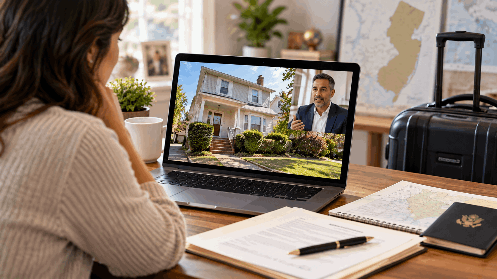 Out-of-state heir video calling a North Jersey real estate professional to discuss an inherited home while reviewing property documents remotely.