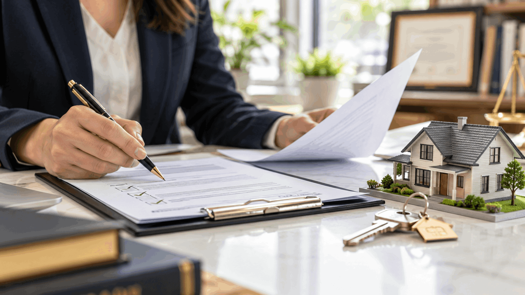 Professional reviewing estate and property transfer paperwork with house keys and a model home in an organized office.