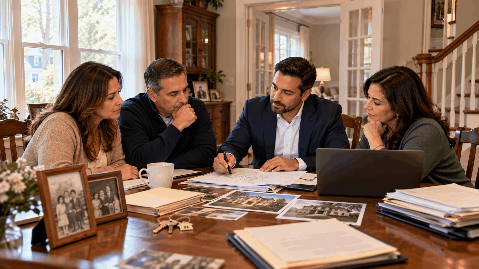 Adult siblings meeting with a North Jersey real estate professional inside an inherited family home while reviewing estate documents, property photos, and house keys.