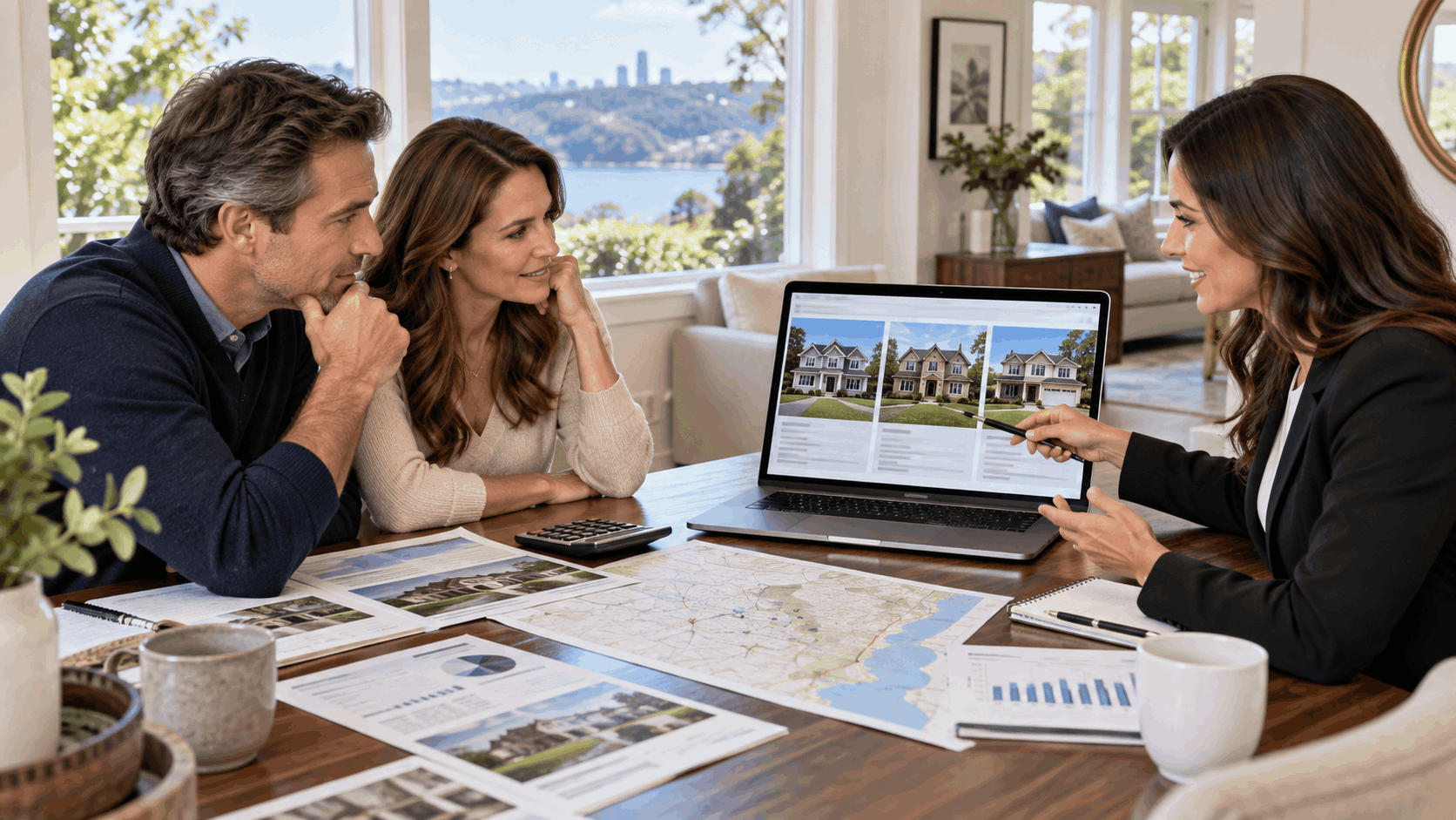 Real estate professional reviewing comparable North Jersey homes with homeowners during a strategic pricing discussion using property photos, market reports, and a neighborhood map.