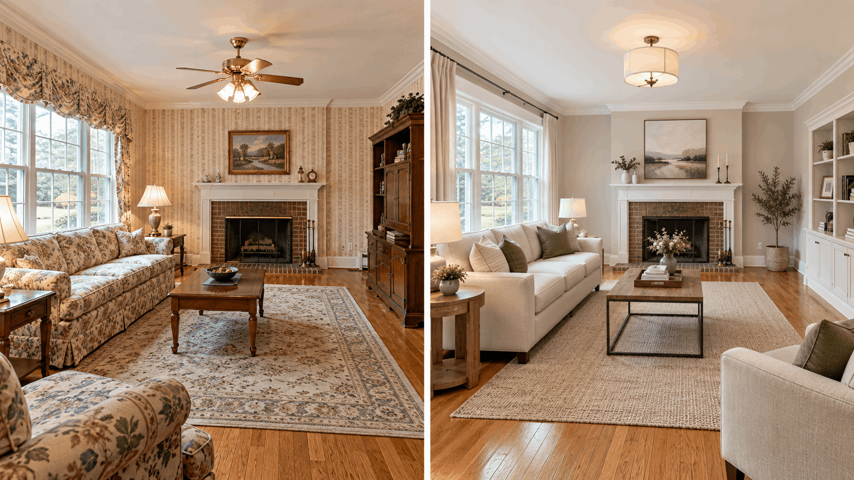 Before-and-after view of a North Jersey home interior showing a dated but well-kept room refreshed with neutral paint, better lighting, and simple cosmetic updates.