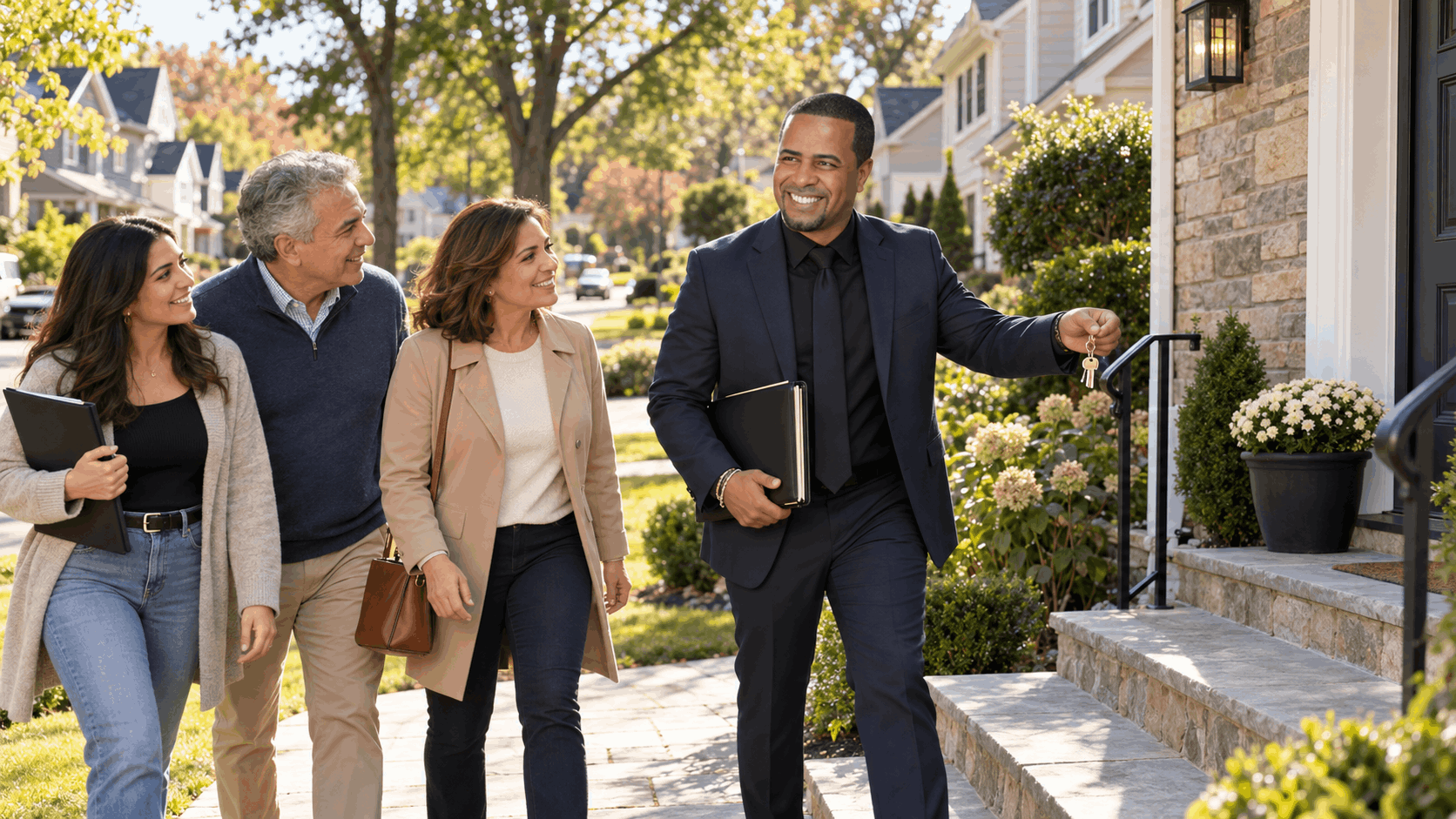Family walking with a real estate professional toward an inherited North Jersey home while reviewing the property sale process and holding house keys.