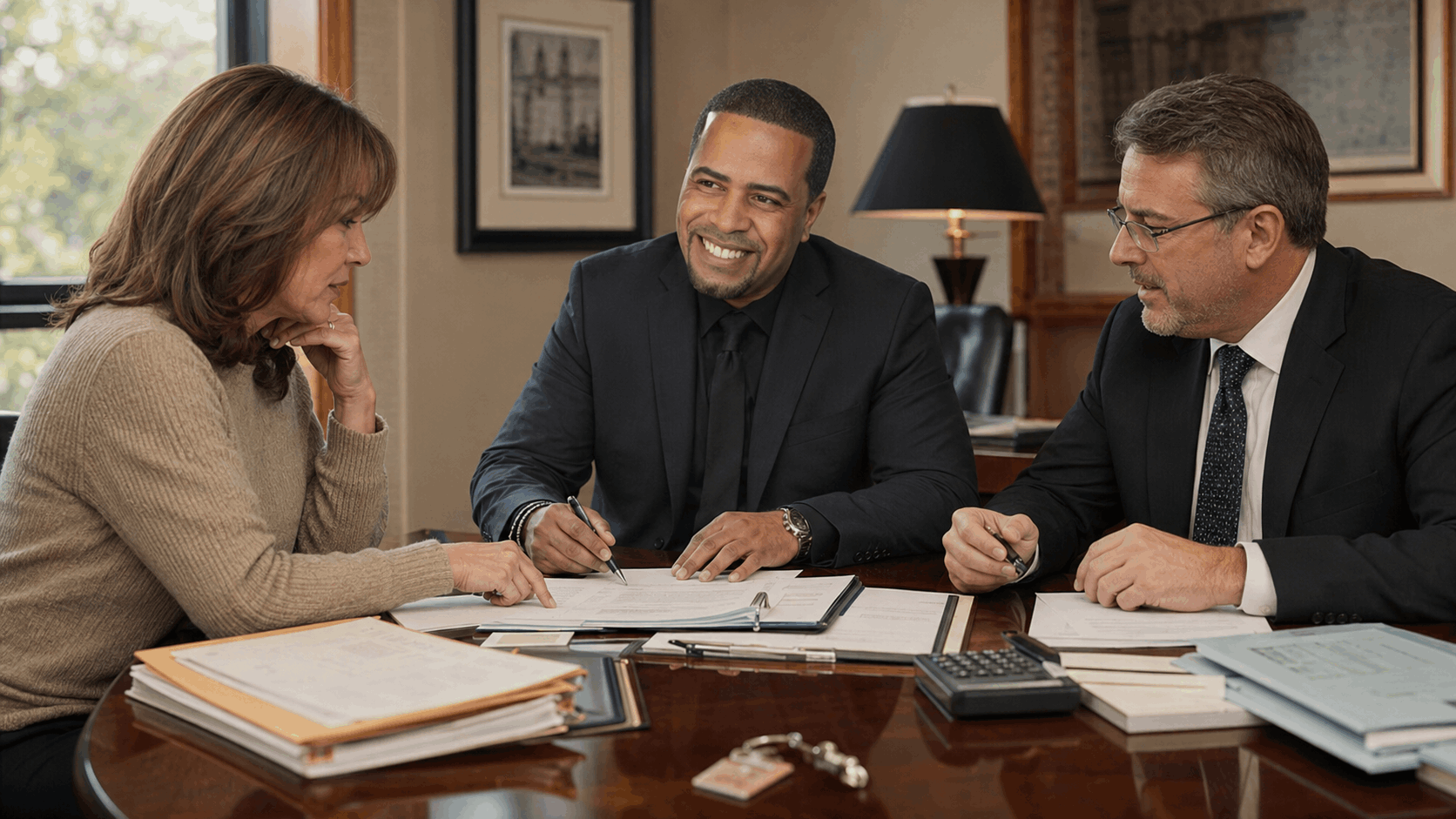 Johnny Rodriguez meeting with a New Jersey homeowner and tax professional to review property records, selling expenses, and potential tax implications before a home sale.