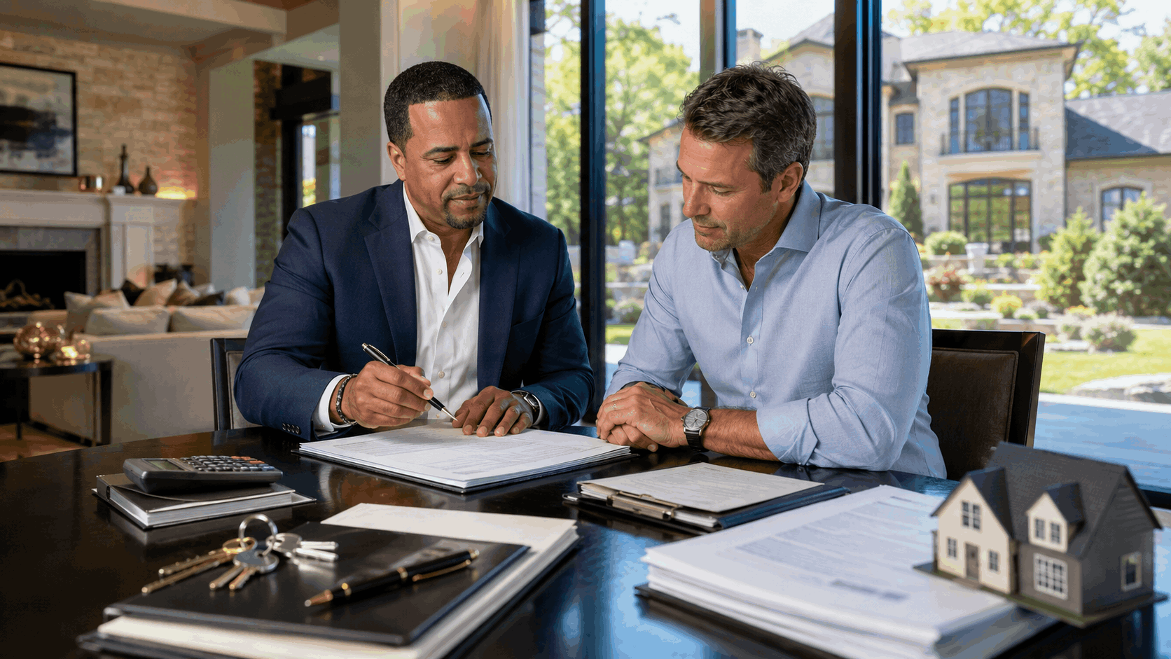 Johnny Rodriguez reviewing luxury New Jersey home selling costs and closing documents with a Bergen County homeowner in an upscale residence.
