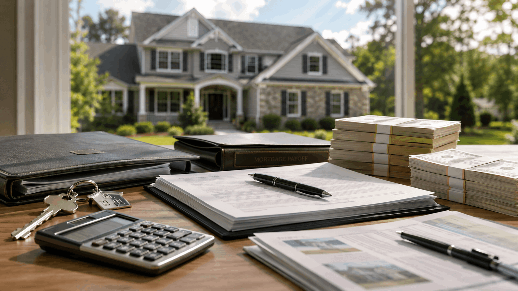 New Jersey home sale net proceeds calculation with house keys, mortgage payoff documents, calculator, closing paperwork, repair estimates, and cash representing seller proceeds.