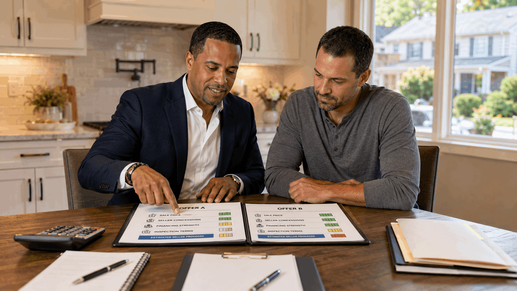 Johnny Rodriguez comparing two competing home purchase offers with a New Jersey seller, reviewing price, concessions, financing strength, inspection terms, and estimated seller proceeds.