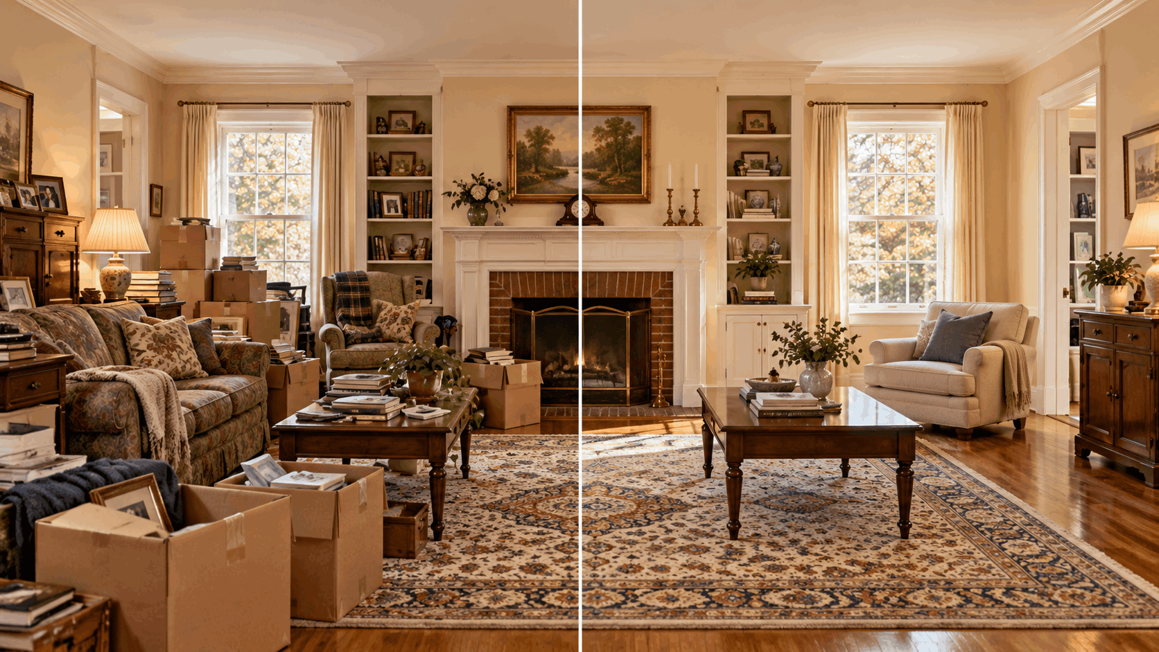 Split-scene of an inherited North Jersey living room showing a cluttered space with boxes and older furniture on one side and a cleaned, photo-ready room on the other.