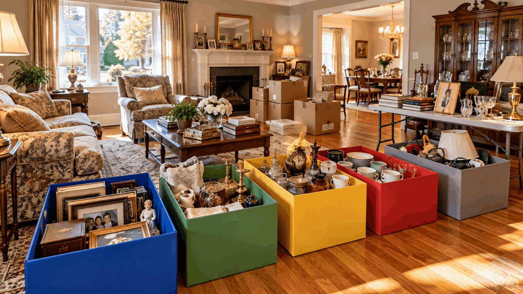 Organized estate cleanout in a North Jersey home with belongings sorted into groups for keepsakes, donation, appraisal, sale, and disposal.