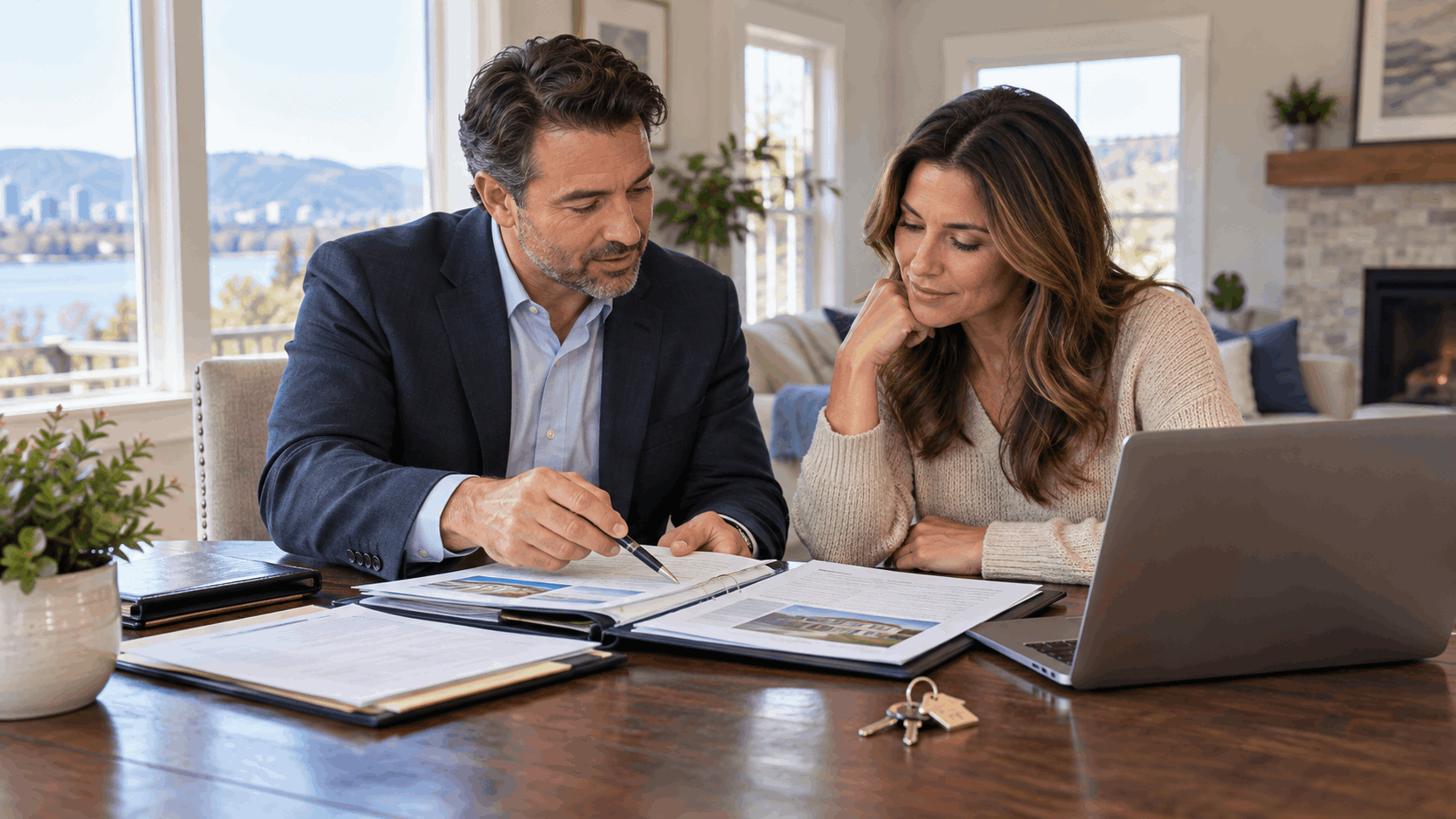 North Jersey homeowner meeting with a real estate professional to review mortgage documents, property paperwork, and short sale options.