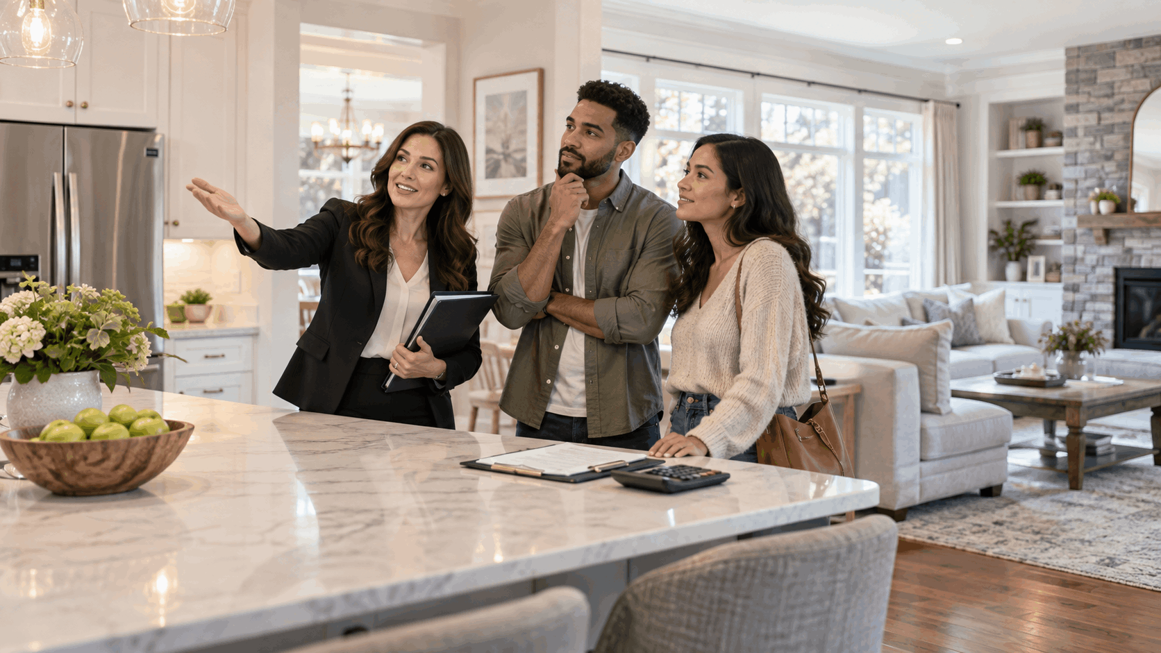 First-time homebuyers touring a North Jersey home with a real estate agent, discussing the kitchen, living space, financing, and closing costs.