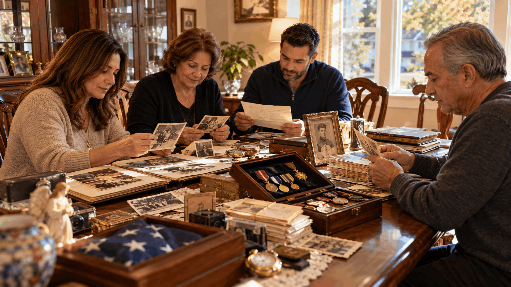 Family members in a North Jersey home reviewing old photographs, letters, military memorabilia, awards, and keepsakes from an inherited property.