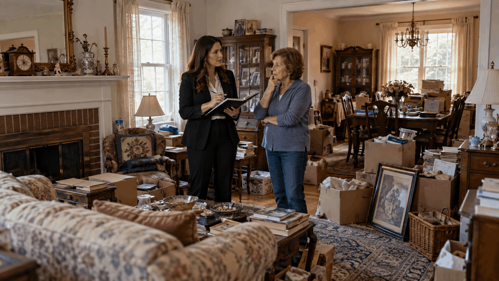 Real estate professional walking through a cluttered inherited North Jersey home with a homeowner, reviewing belongings and preparation priorities before cleanout.