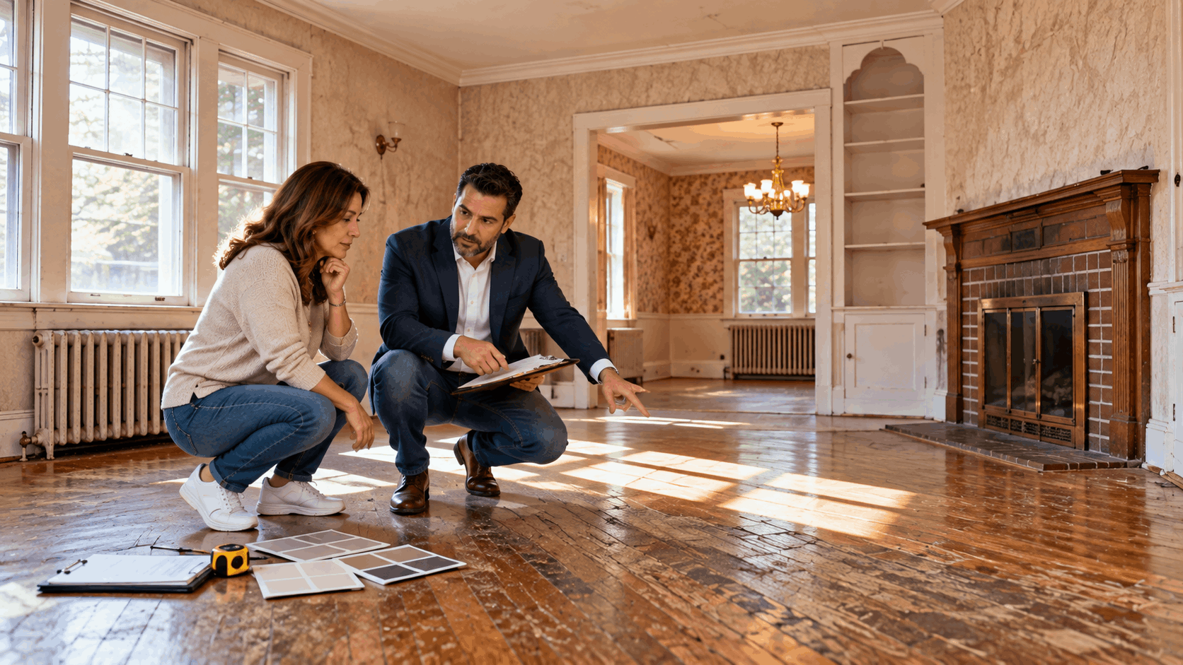 Homeowner and real estate professional evaluating repairs in a dated North Jersey living room, reviewing worn floors, paint, lighting, and windows before selling.
