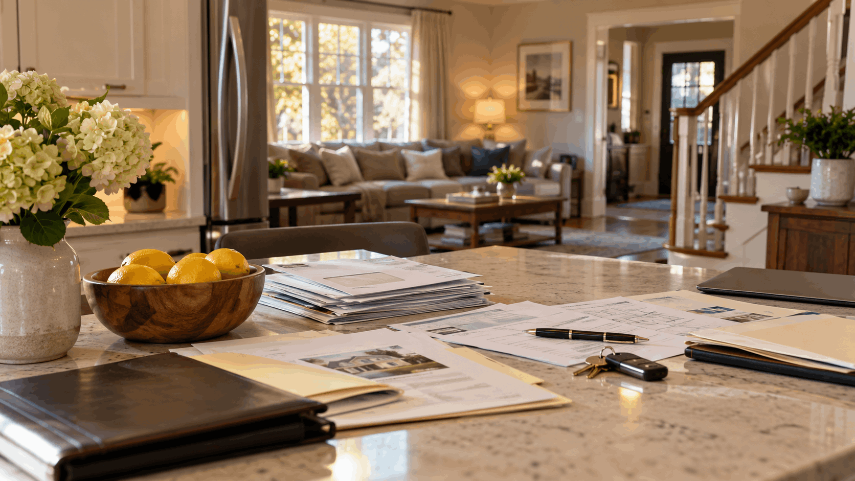 North Jersey probate home with mortgage correspondence, estate paperwork, utility bills, maintenance estimates, and house keys on a kitchen counter.