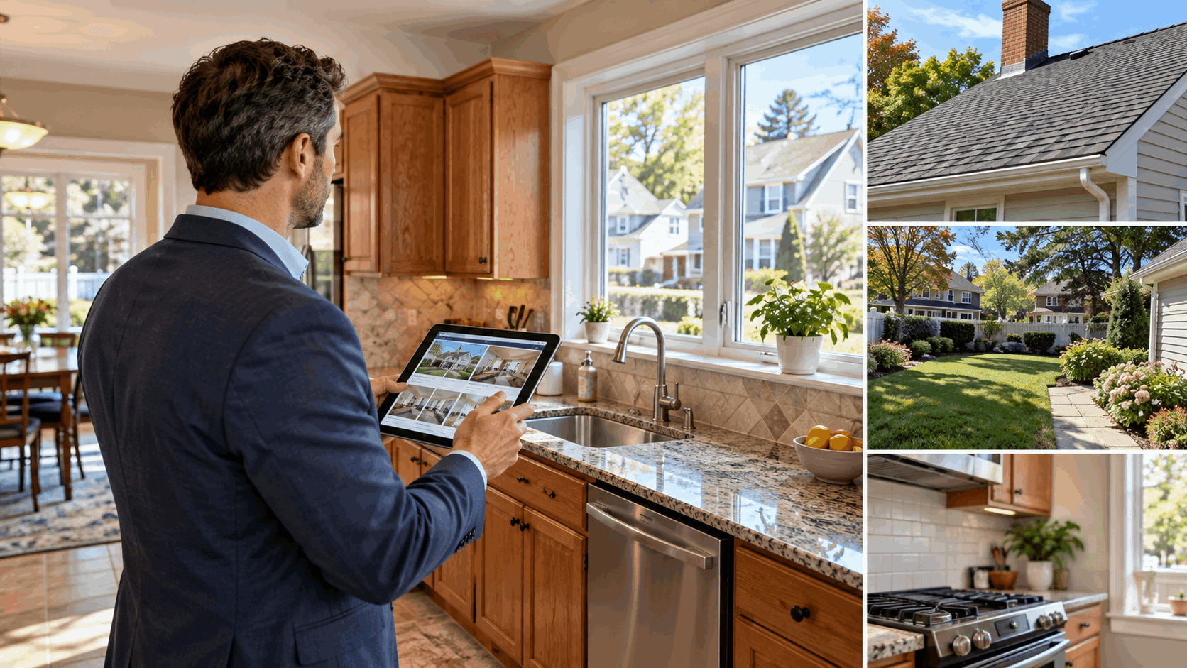 Real estate professional evaluating a North Jersey home, reviewing interior finishes, roof condition, landscaping, and property details on a tablet.
