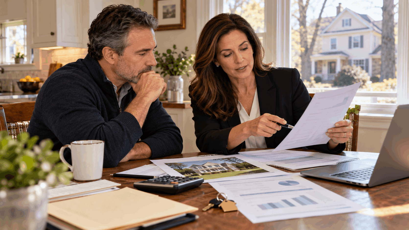Homeowner and real estate professional reviewing mortgage balance, estimated property value, and financial worksheet at a kitchen table in a North Jersey home.