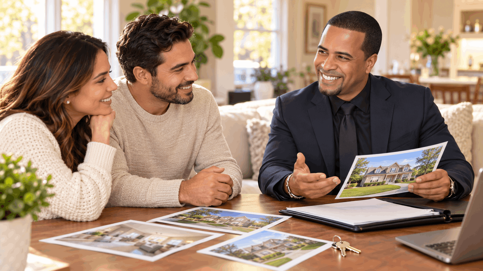 North Jersey real estate professional meeting with homeowners to review property photos, documents, and home-selling options in a comfortable residential setting.