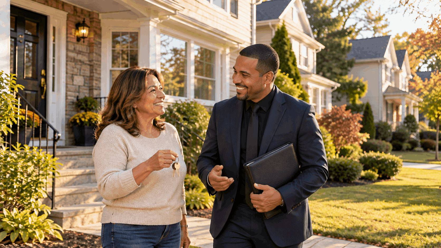 North Jersey homeowner standing with a real estate professional outside a well-prepared home, holding house keys after completing the property sale process.