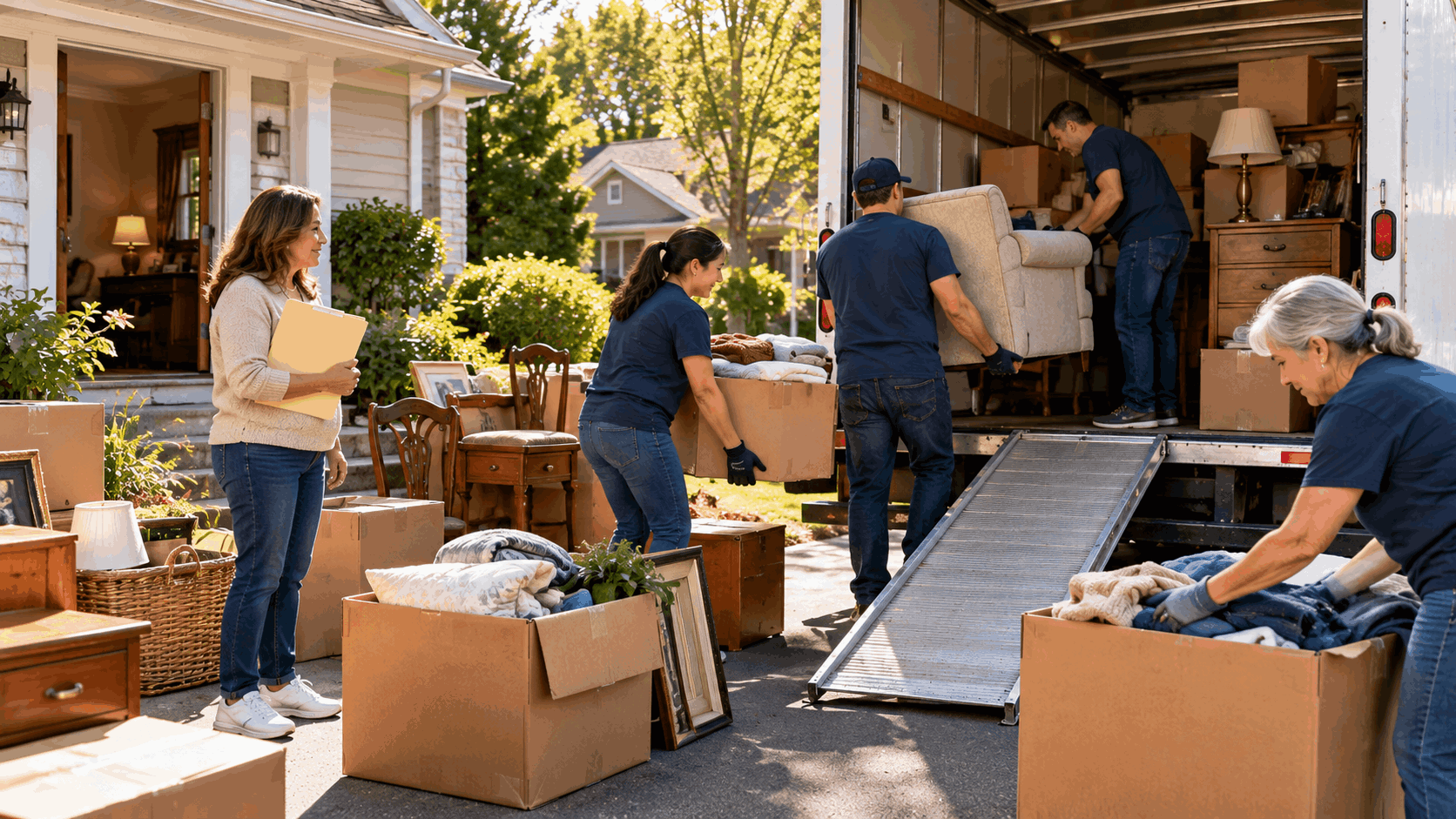 Volunteers loading furniture, household goods, and clothing from a North Jersey probate home into a donation truck while the homeowner organizes donation paperwork.