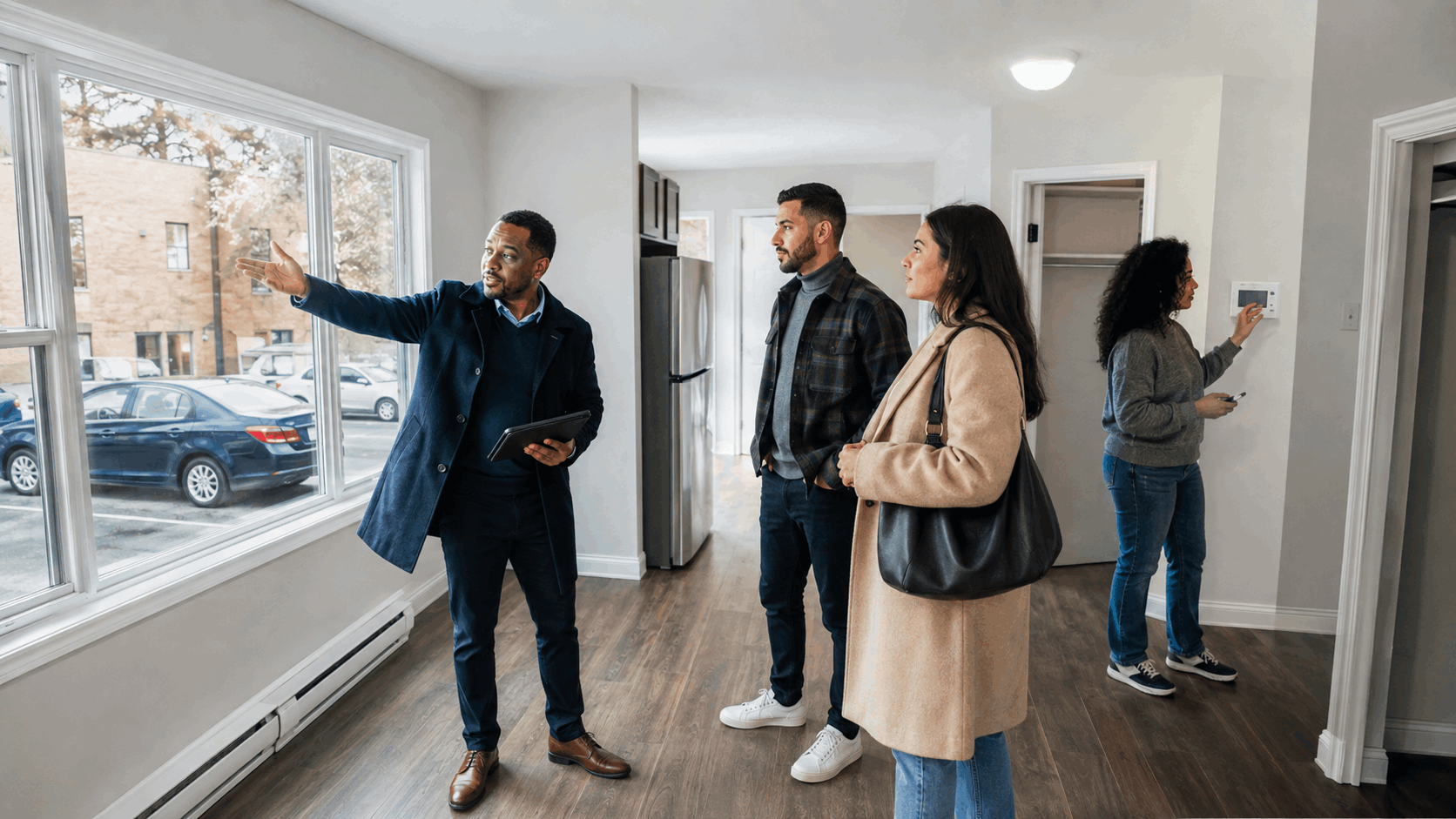 Prospective renters touring a two-bedroom apartment in Paterson, NJ, inspecting windows, heating controls, closet space, appliances, and parking with a real estate agent.