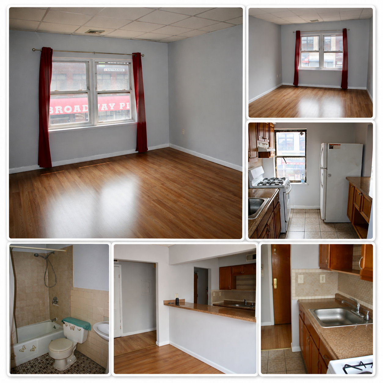 Real estate collage featuring a Paterson NJ multifamily home with updated kitchen, bedroom, and bathroom interiors for a rental property listing.