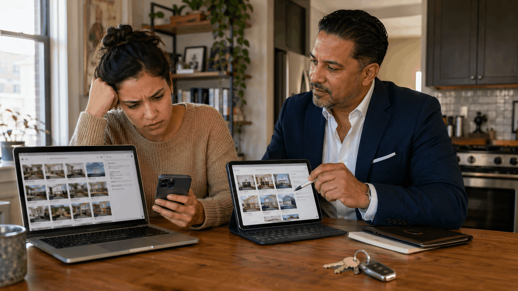 Frustrated apartment renter compares rental listings on multiple devices while Johnny Rodriguez helps organize a focused apartment search in a North Jersey kitchen.