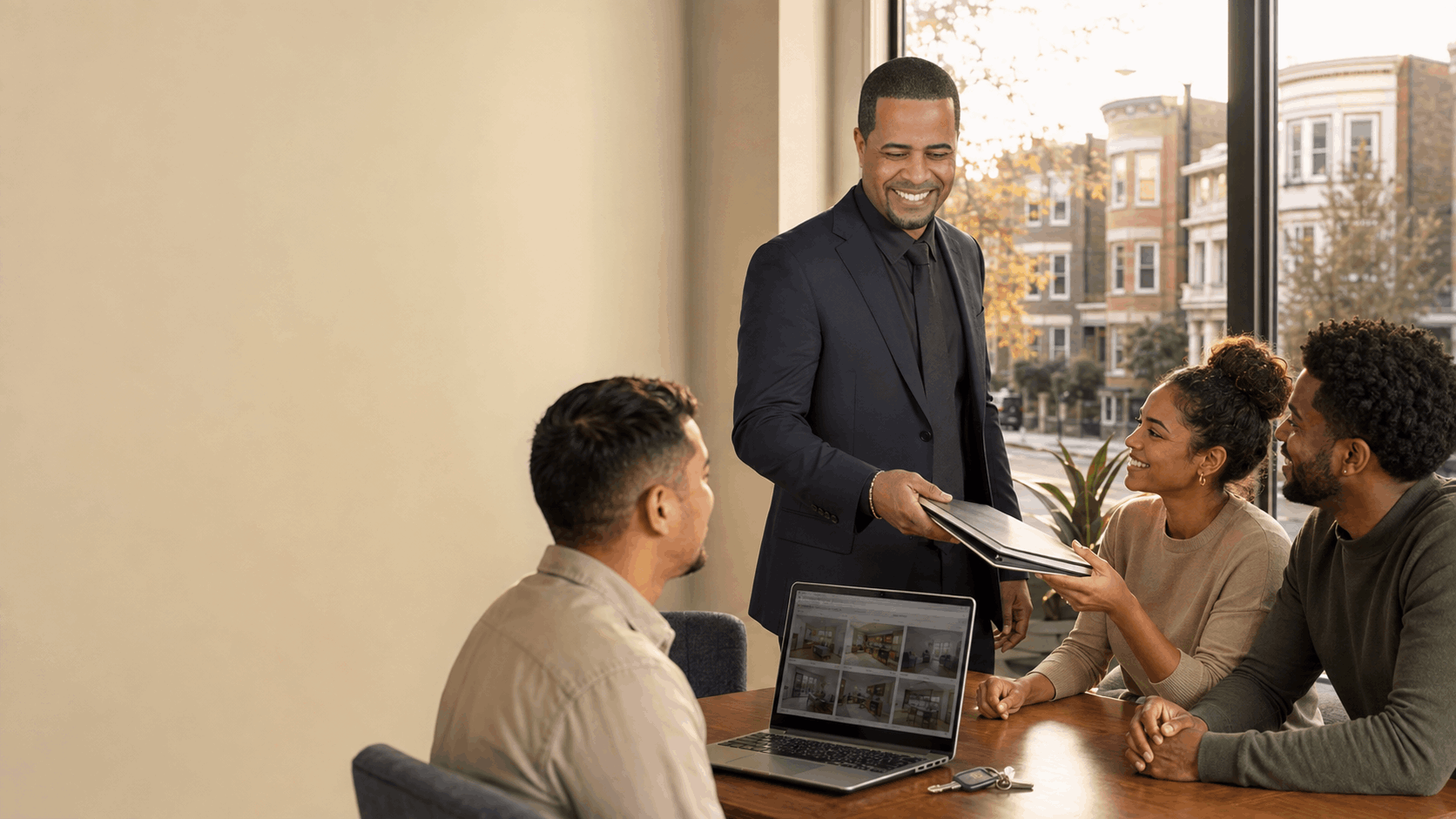 Johnny Rodriguez helping North Jersey renters review Paterson apartment options during a professional rental consultation with listings, keys, and an organized search folder.