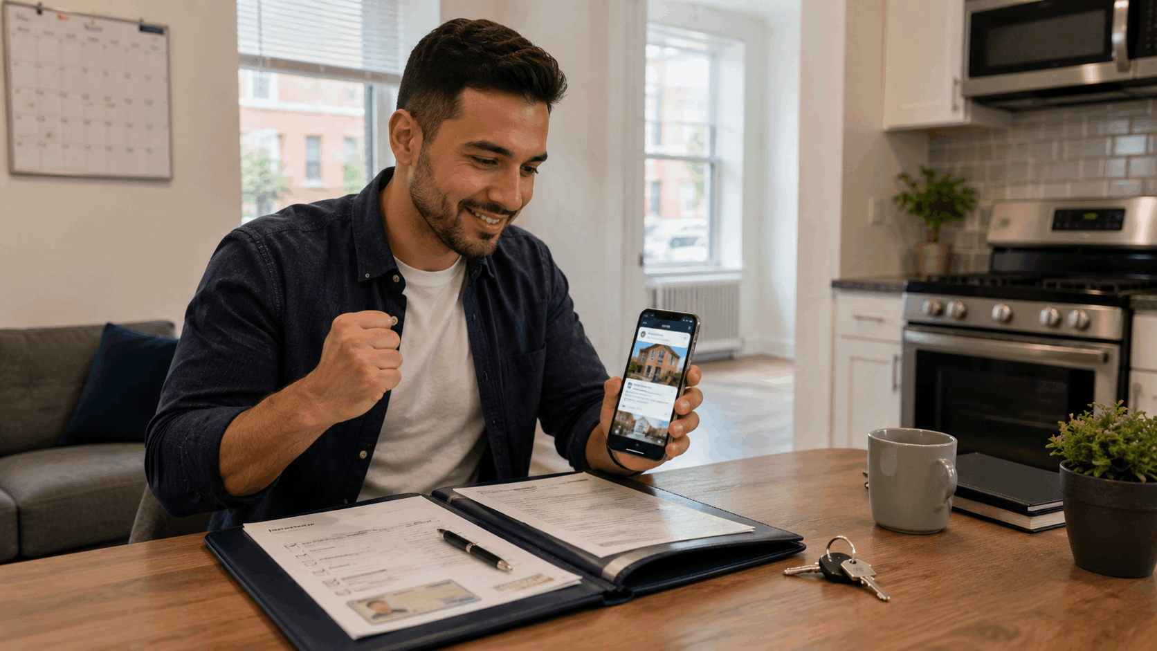 Prepared renter reviewing a new Paterson NJ apartment listing with application documents, identification, keys, and rental paperwork ready to submit.