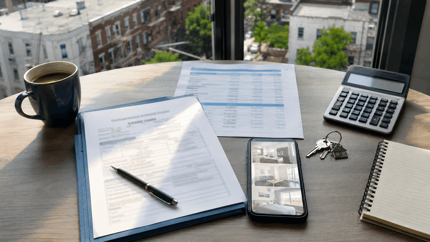 Overhead apartment search planning scene with rental application, budget worksheet, calculator, keys, smartphone listings, and Paterson NJ multifamily homes in the background.