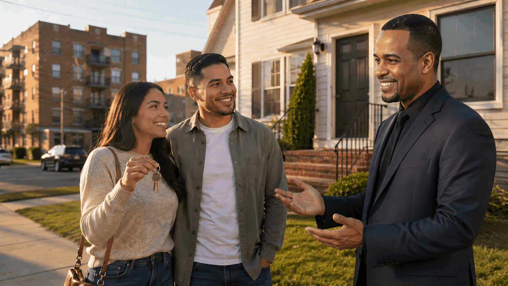 Young couple celebrating a first home purchase in North Jersey with their real estate agent, holding new house keys outside a modest single-family home.