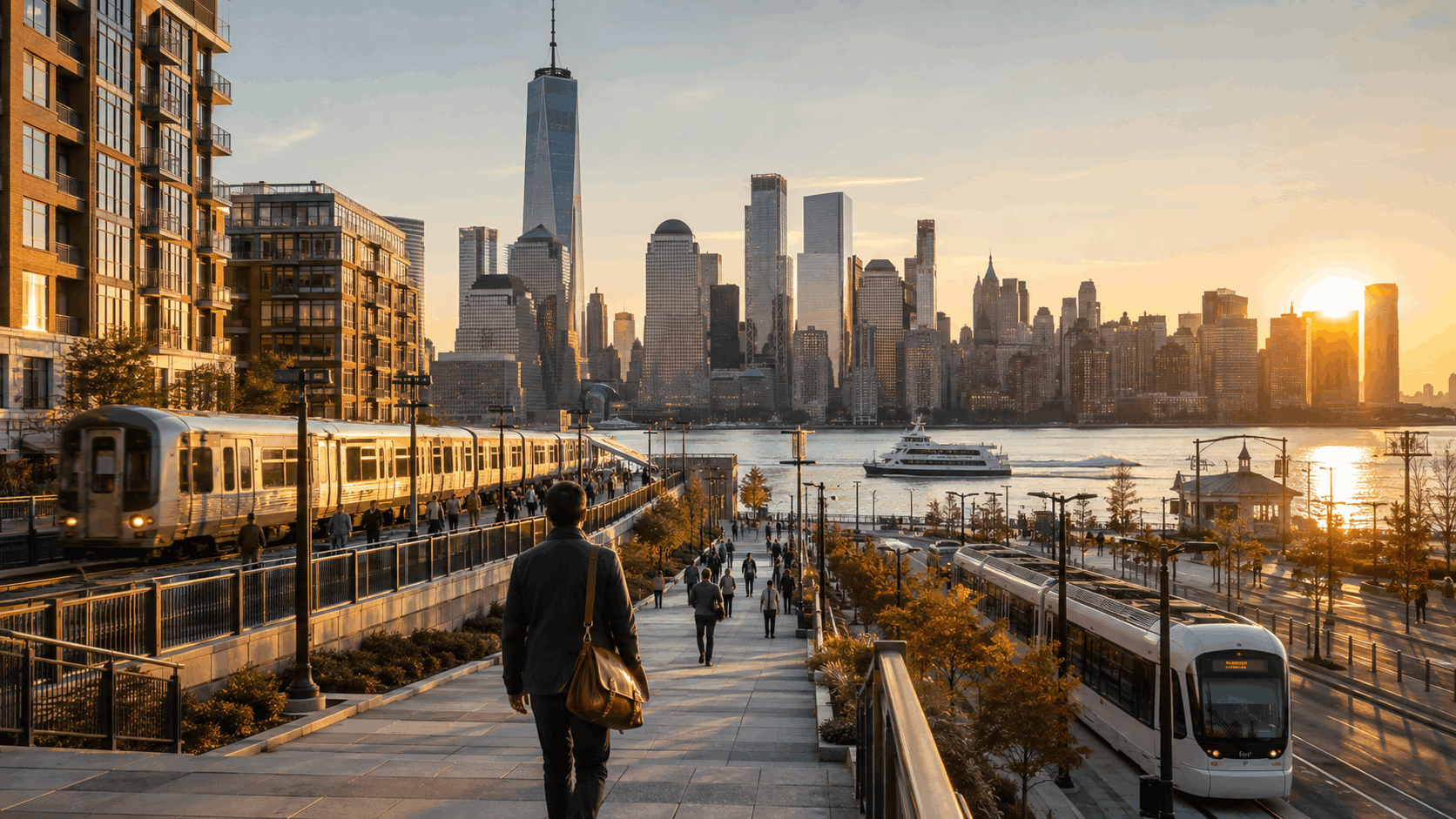 Hoboken and Jersey City morning commute with waterfront condos, PATH-style rail, ferry and light rail access, plus the Manhattan skyline across the Hudson River.