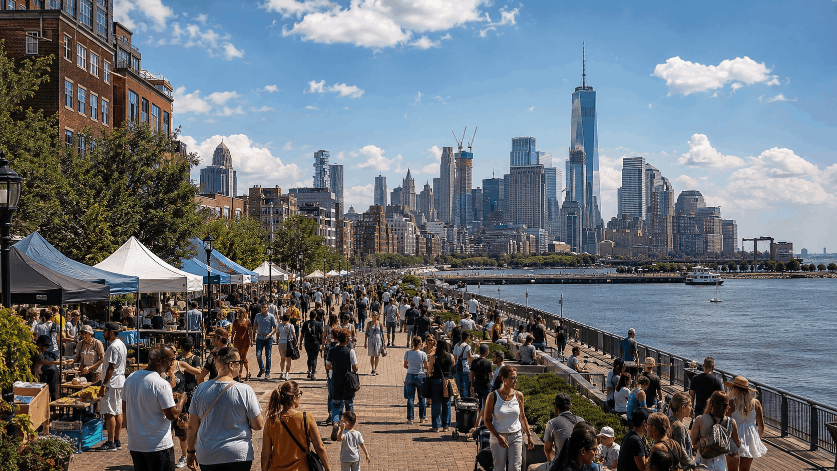 Hoboken vs Jersey City 2026 real estate comparison with homebuyers reviewing listings with a North Jersey real estate agent along the Hudson waterfront.