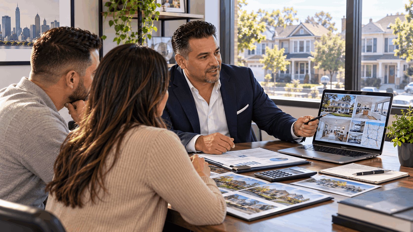 North Jersey real estate agent meeting with homebuyers to review comparable sales, property condition, taxes, transit access, inspections, and monthly housing costs.