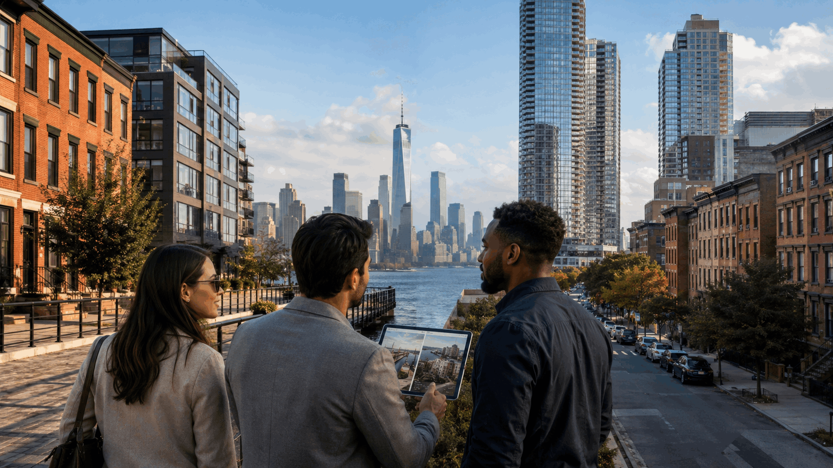 Hoboken and Jersey City real estate comparison showing brownstones, waterfront condos, high-rise homes, and buyers reviewing both Hudson County communities.
