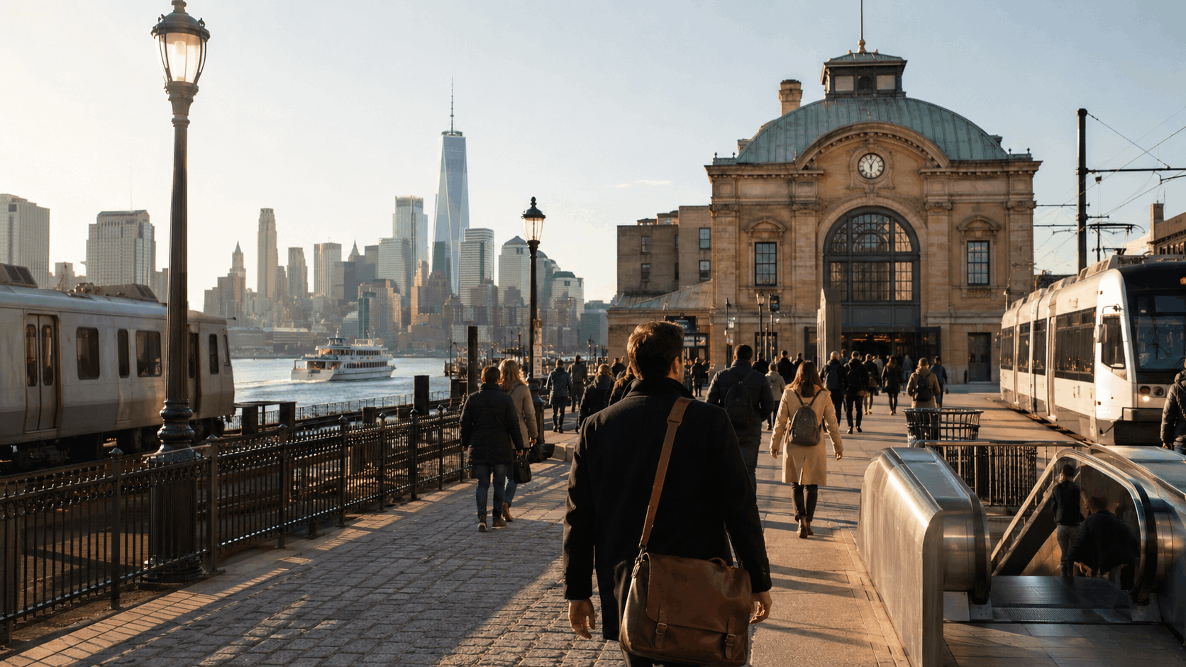 Hoboken commuter walking toward Hoboken Terminal with PATH, NJ Transit, ferry, and light rail access near the Hudson River and Manhattan skyline.