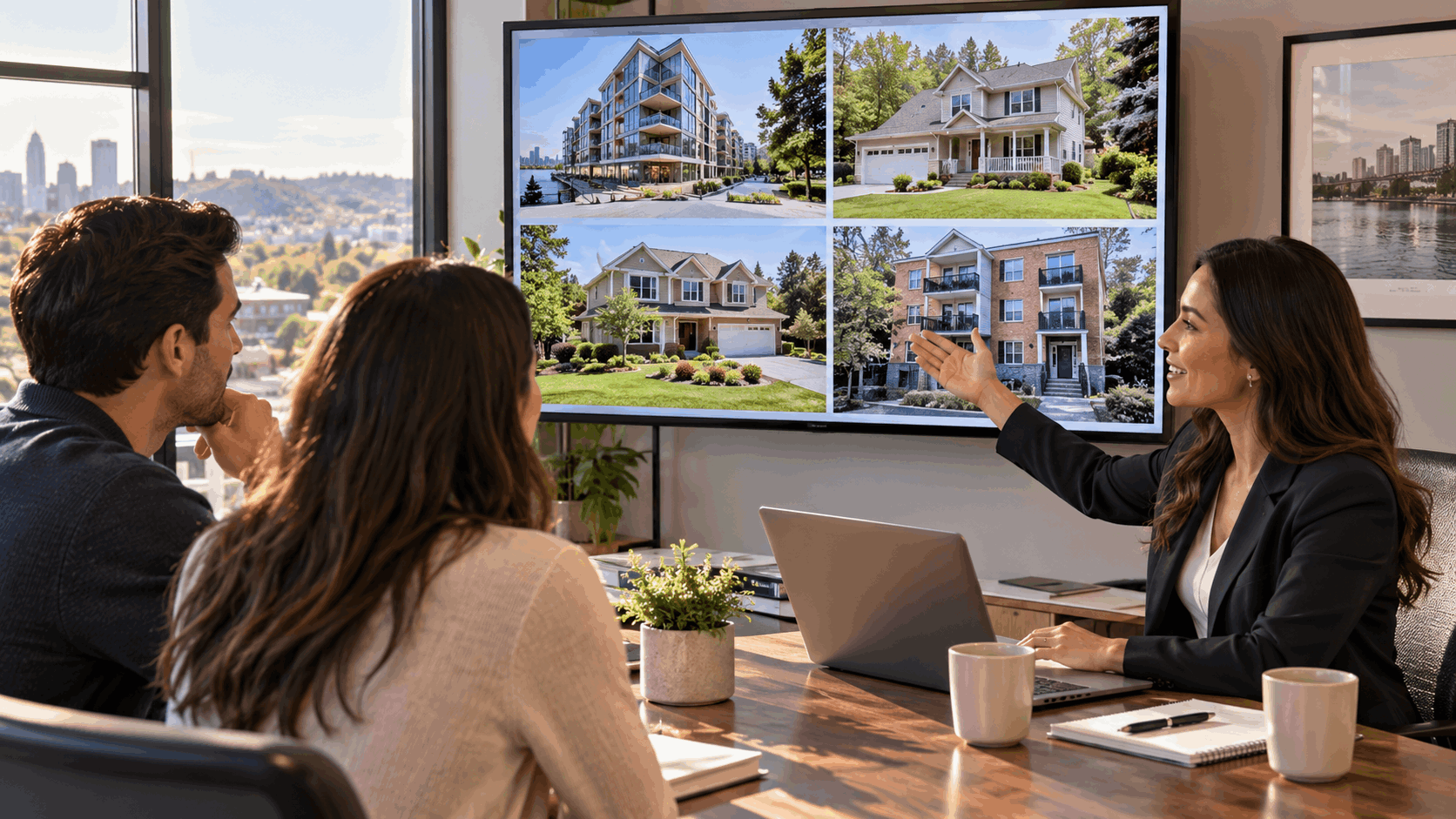 North Jersey homebuyers reviewing a condo, Clifton single-family home, Bergen County suburban home, and multifamily property with a real estate agent.