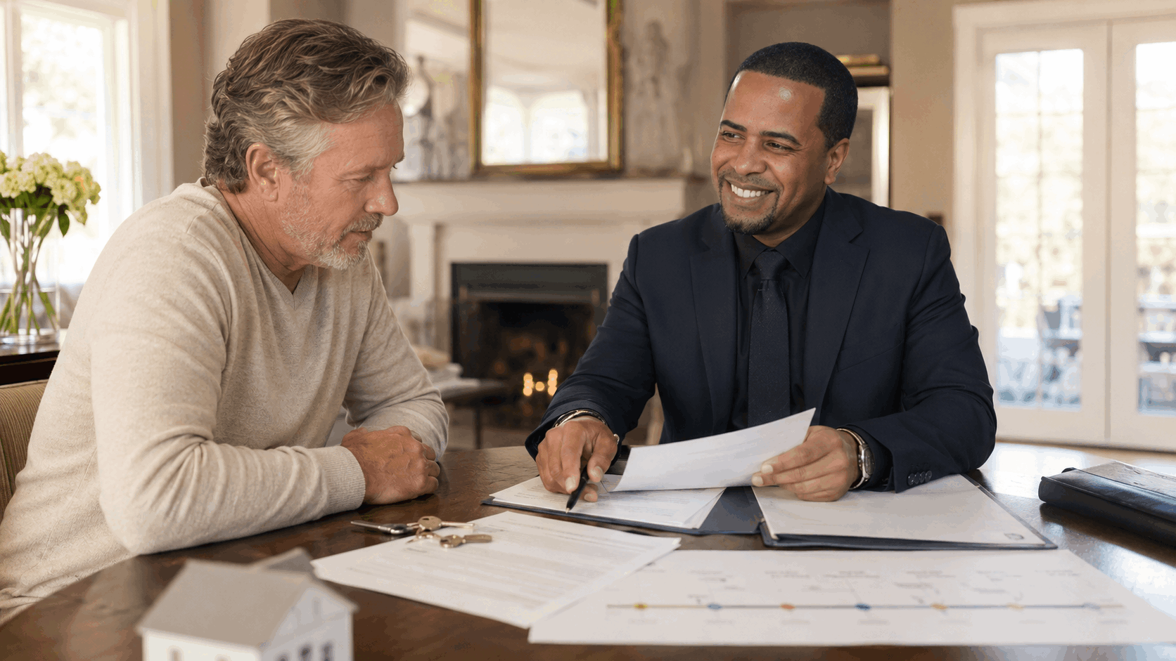 North Jersey real estate agent helping a homeowner review inherited property documents, mortgage information, title paperwork, house keys, and a timeline for resolving the property situation.