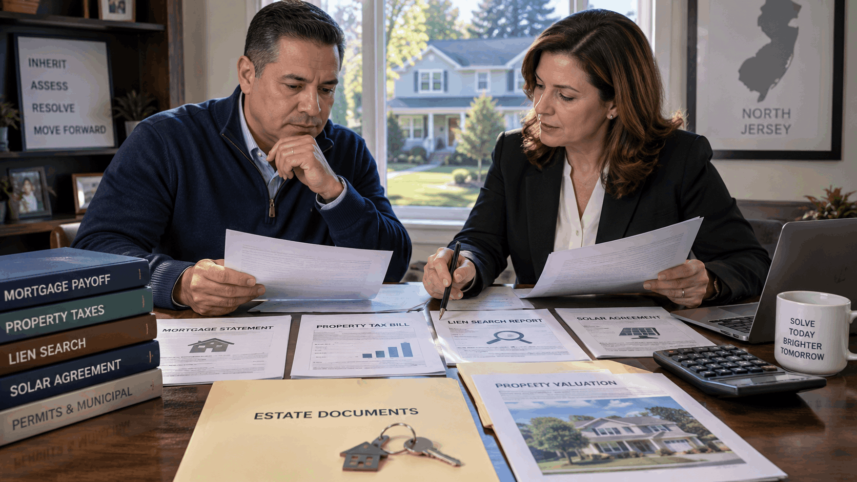 Johnny Rodriguez reviewing mortgage payoff, property taxes, liens, solar paperwork, and estimated home value for an inherited North Jersey property.