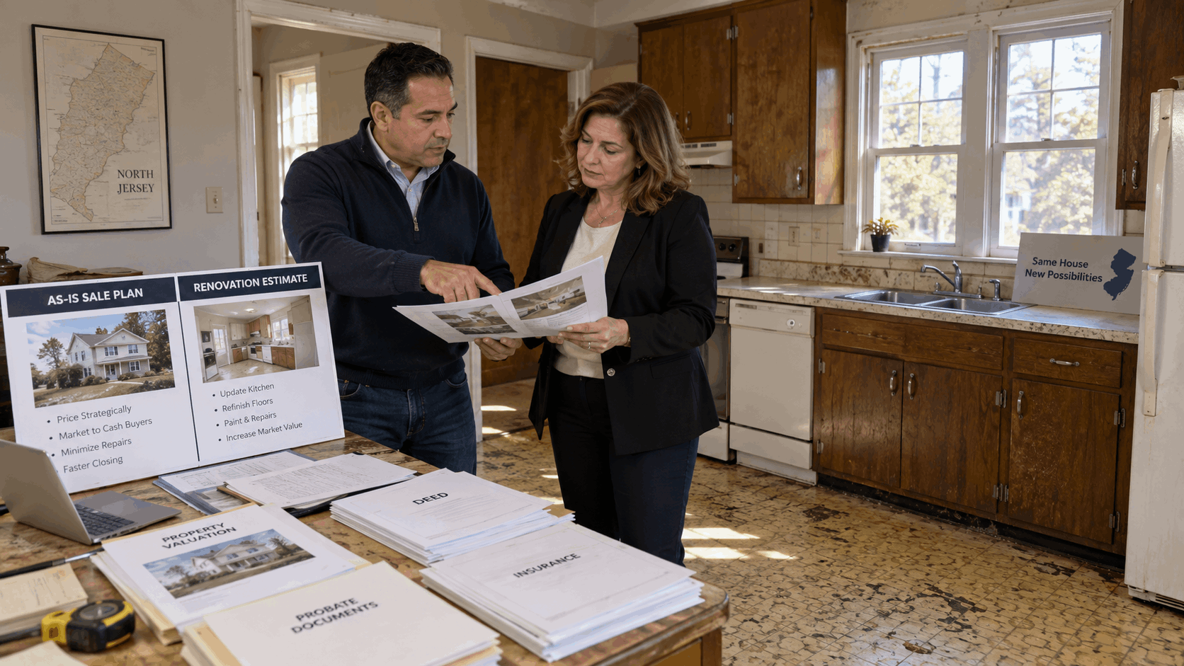 Johnny Rodriguez and a New Jersey executor reviewing an inherited home’s condition, comparing an as-is sale plan with renovation estimates in a dated North Jersey kitchen.
