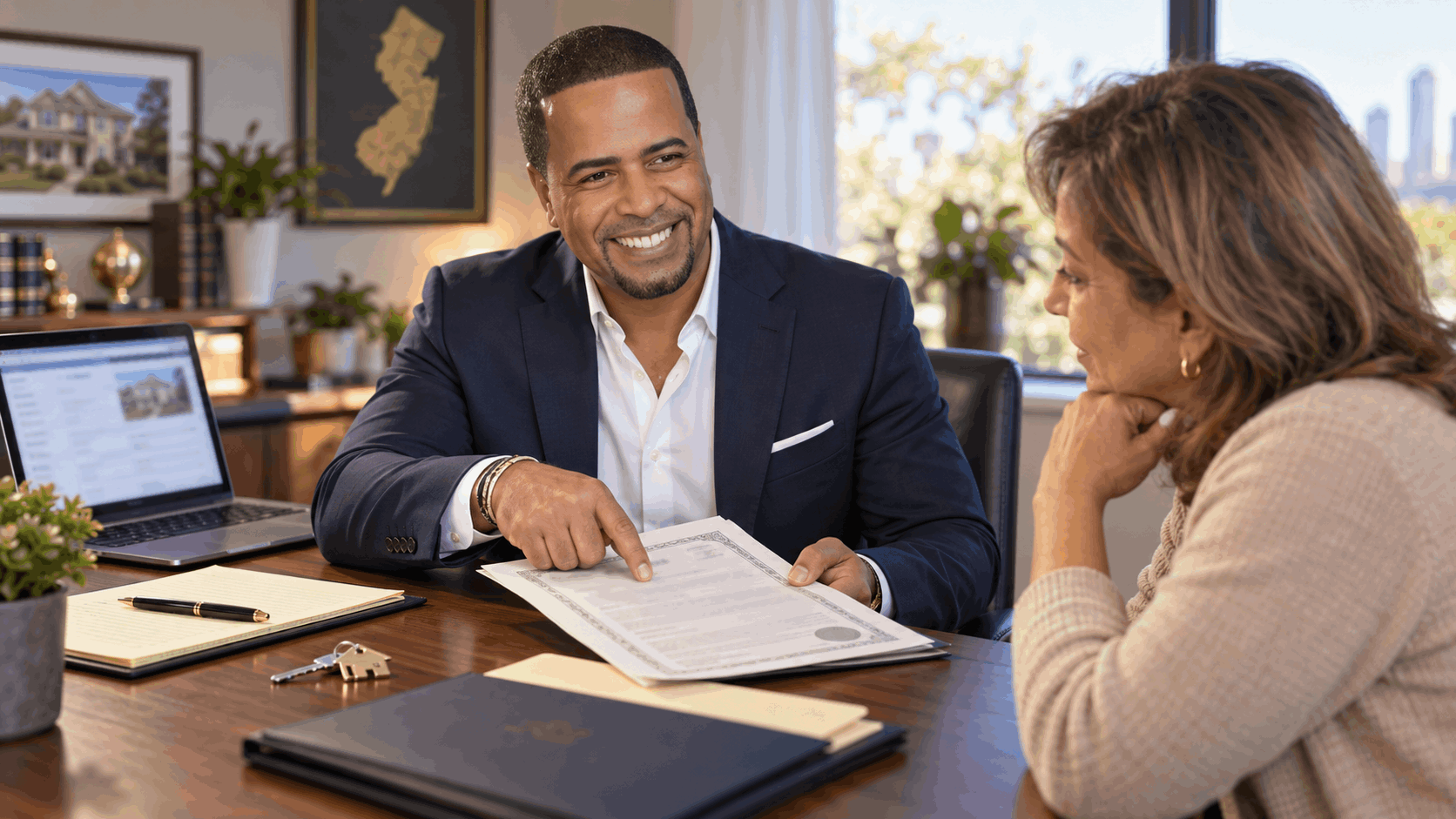 Johnny Rodriguez reviewing a New Jersey property deed with an executor to determine ownership, trust status, and next steps for inherited property transfer.