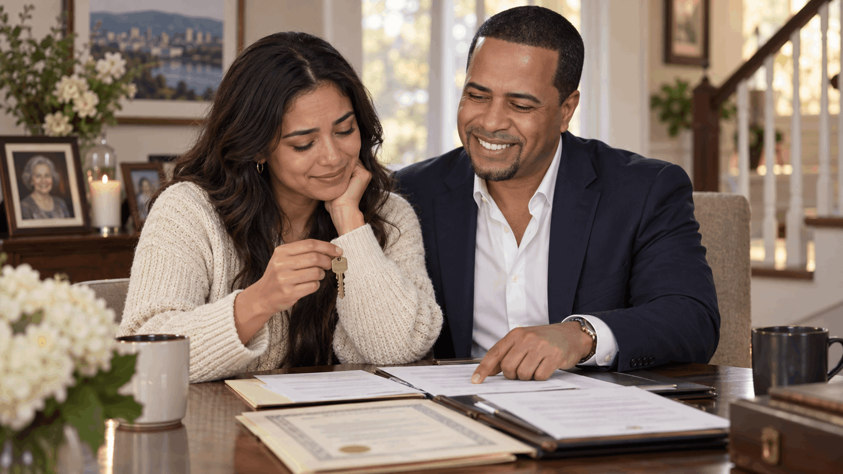 Adult heir reviewing a deceased parent’s deed, will, probate paperwork, and property ownership records with Johnny Rodriguez before transferring an inherited New Jersey home.