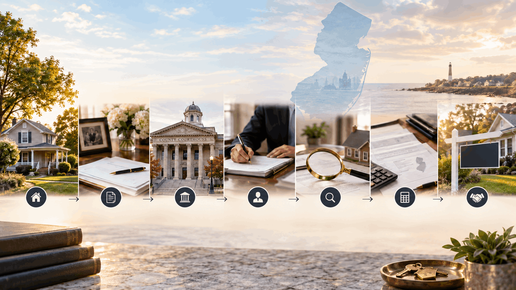New Jersey property transfer timeline showing estate documents, probate court, executor paperwork, title review, tax waiver, and final home transfer or sale.