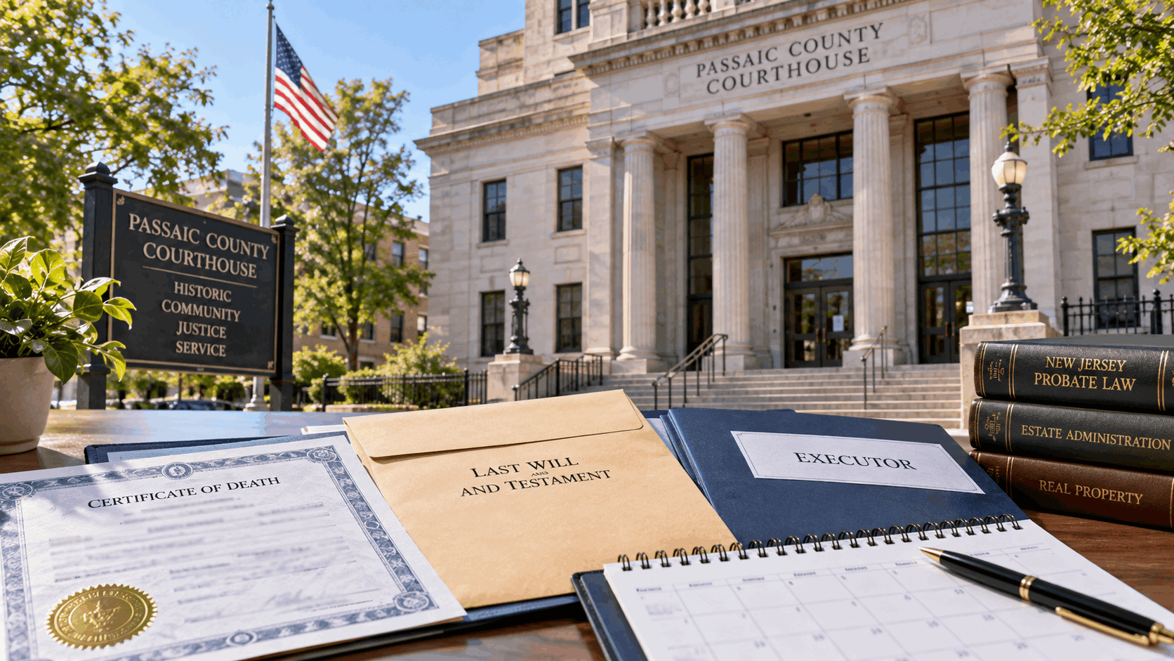 New Jersey probate process showing Passaic County Courthouse, death certificate, will, executor documents, estate administration records, and probate timeline.