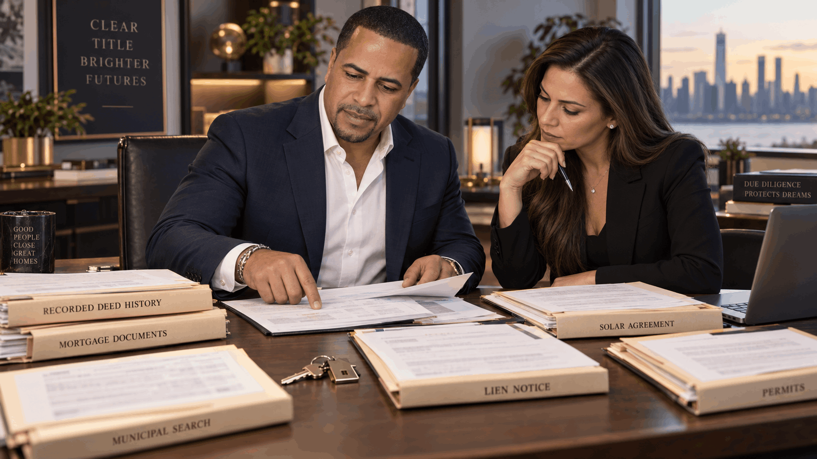 Johnny Rodriguez reviewing New Jersey probate property title documents with a title professional, including deed history, mortgage records, liens, solar agreements, permits, and house keys.