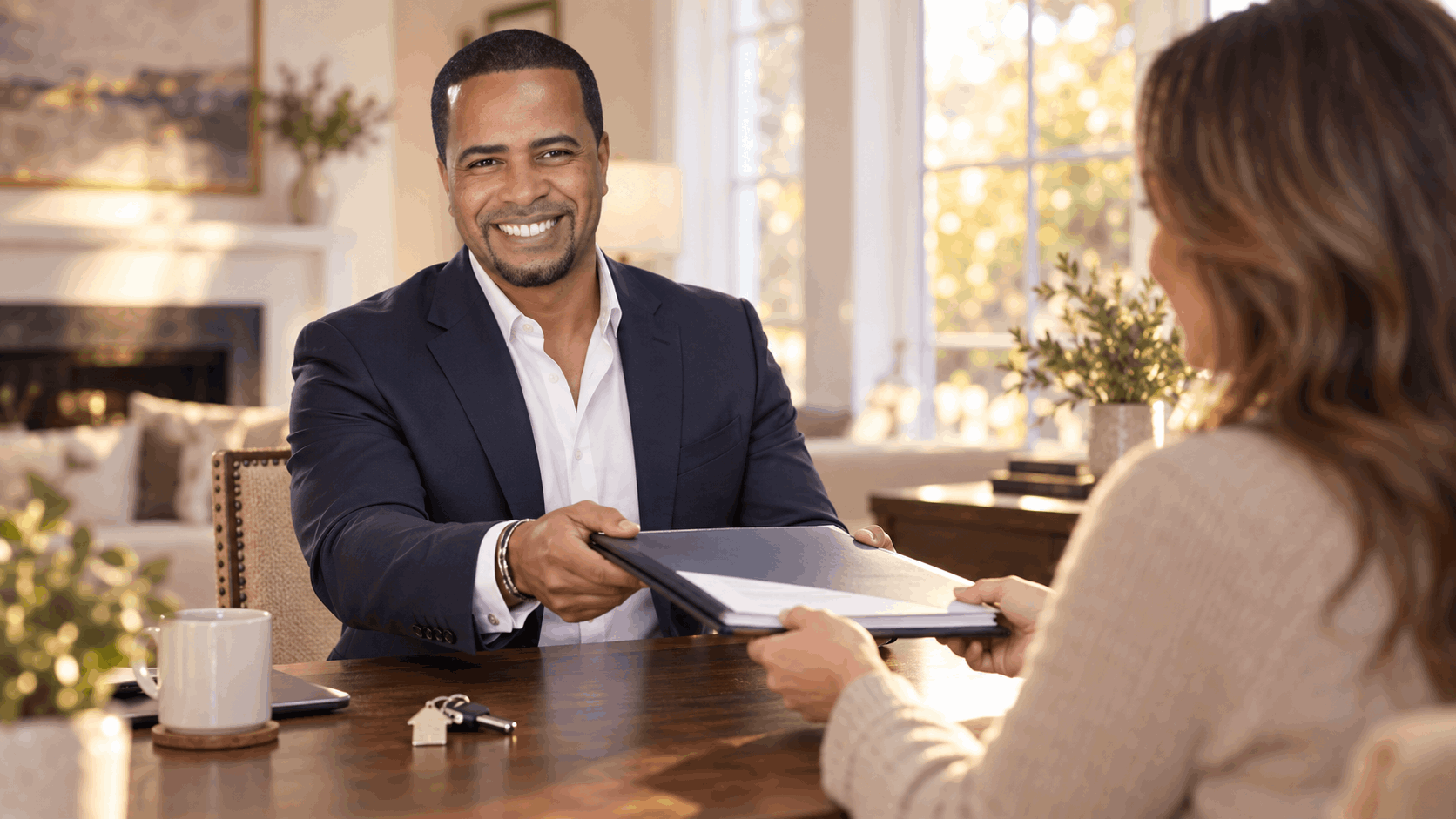 Johnny Rodriguez handing an executor a property action plan after reviewing an inherited North Jersey home’s value, title status, estate timeline, and sale options.