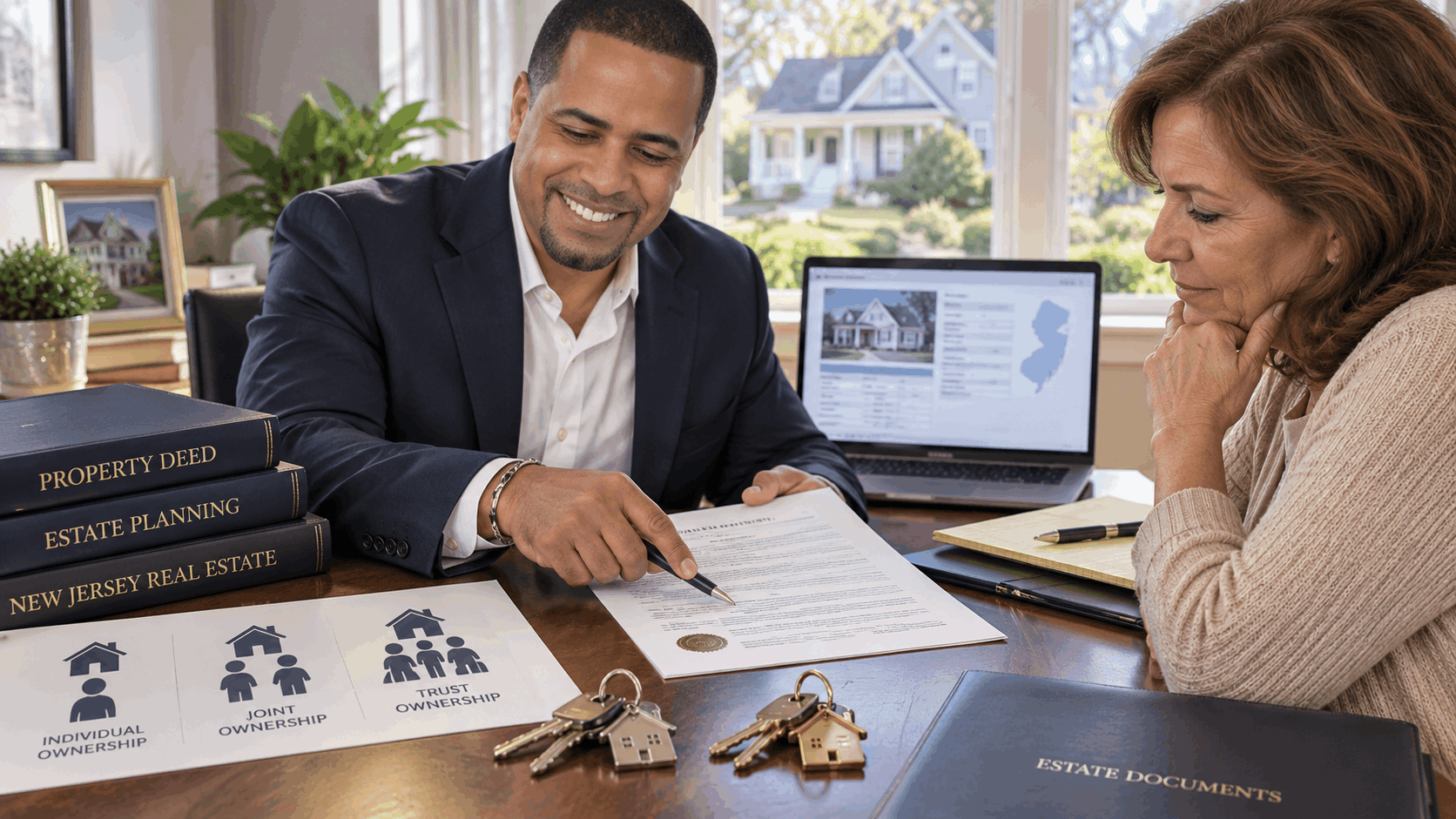 Johnny Rodriguez reviewing a New Jersey property deed with a homeowner, explaining individual, joint, and trust ownership during an estate planning consultation.